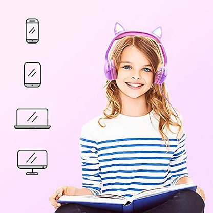 Olyre Kids Headphones, Safe 85db Volume Control Light Up Cat Ear Headphones Purple-Pink and All-Pink