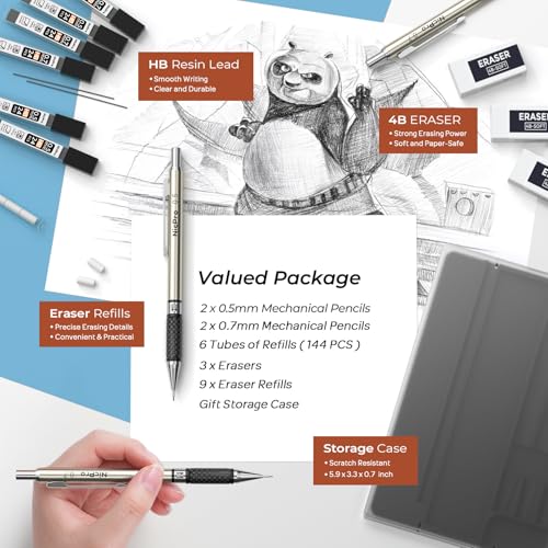 Nicpro Art Mechanical Pencil Set in Case, 4 PCS Metal Drafting Pencil 0.5 mm & 0.7 mm, Lead Pencil with 6 Tube HB Lead Refills, 3 Erasers, 9 PCS Eraser Refills for Artist Writing, Drawing, Sketching - style: 4 Pack (0.5mm+0.7mm)