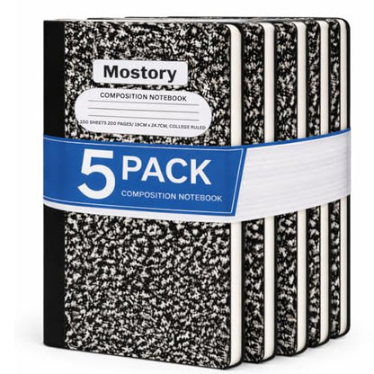 MOSTORY Pack of 5 Composition Notebook - College Ruled 200 Pages (100 Sheets), Size 7.5" x 9.75", Bulk School Supplies, Office, Bulk Notebooks for School, Writing Journal Notebook with Lined Paper - size: 5 Pack