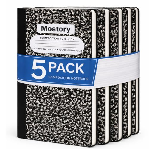 MOSTORY Pack of 5 Composition Notebook - College Ruled 200 Pages (100 Sheets), Size 7.5" x 9.75", Bulk School Supplies, Office, Bulk Notebooks for School, Writing Journal Notebook with Lined Paper - size: 5 Pack