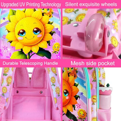 KLFVB Girls Bookbag with Wheels, 3PCS Kids Roller Backpack with Lunch Bag, Wheeled School Bag for Children - Smiling Sunflower - color: UV Printing Sunflower Pink Rolling Backpack
