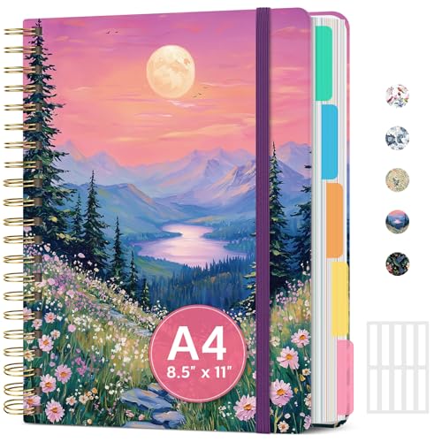 Large Lined Spiral Journal for Women Cute Hardcover 5 Subject Notebook for Work 8.5" x 11" with Removable Dividers & Tabs, College Ruled, 280 Pages Aesthetic Journal for Work, School & Note Taking, Dreamscape Hills - color: D - Dreamscape Hills