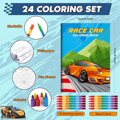 BenLouis 24 Race Car Mini Coloring Books Kids with 24 Stacking Crayons Racing Theme Party Favors Activity Books Bulk for Kids Fast Racecar Wheel Birthday Goodie Bag Gift Stuffer Classroom Reward - style: Racecar