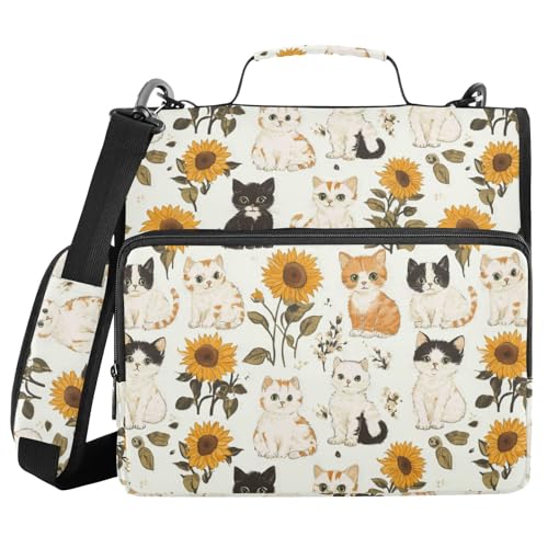 Gredecor 3 D-Ring Zipper Binder 1.5 in Waterproof Cute Cats Kittens Kitty Sunflower Binder with Zipper Shoulder Strap, Multi-Pockets Organizer Bag for School & Office Supplies - color: Cute Cats Kittens Kitty Sunflower