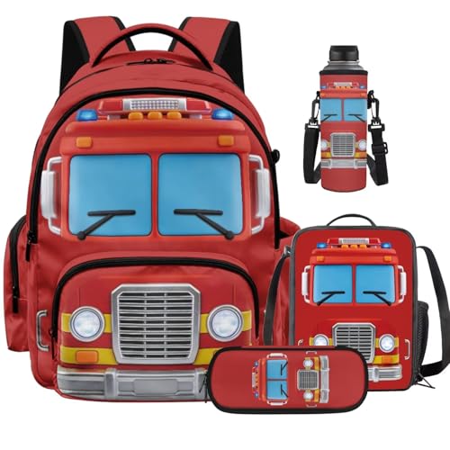 Classic Fire Truck Backpack for Boys Girls Kids Backpack with Lunch Box Water Bottle Pouch and Zipper Pencil Case 4PCS Set Bookbag with Pockets for School 17 inch Large Capacity School Bag - color: Classic Fire Truck