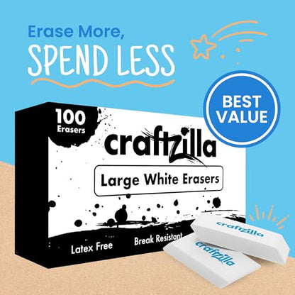 Craftzilla White Erasers Bulk 100 Pack - Large Latex- Free Bulk Erasers for Kids, Classroom, and School Supplies - Ideal for Pencils and Drawing - Borradores Escolares