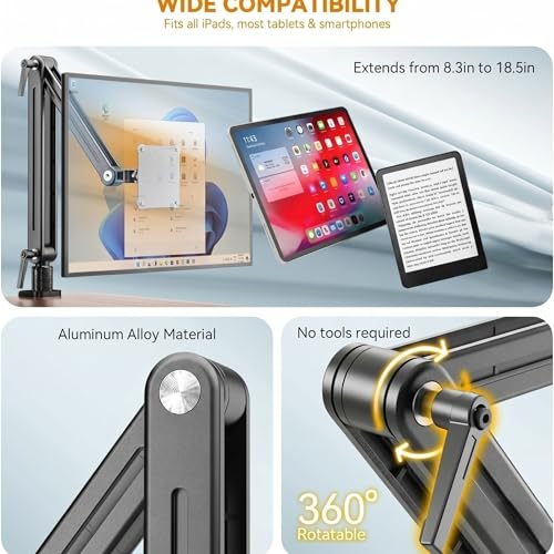 Portable Monitor Holder Mount Arm with Strong Magnetic 360° Rotating Base Bearing Over 5LBS Compatible with 12.9/14.6/15.6/17.3/18.5 inch iPad Pro/Mini/Air/Surface/Samsung - size: Up to 18.4''