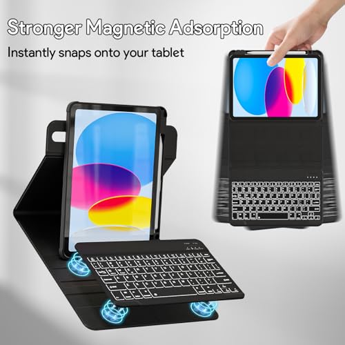 YBING for iPad A16 Case with Keyboard 11th &10th Generation, 360 Rotation Magnetic Cover with 7-Color Backlit Wireless Detachable Keypad with Pencil Holder for iPad 11th 2025/10 Gen 10.9" 2022 (Black) - color: Black