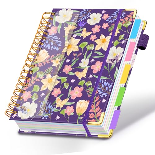 Spiral Journal Notebooks for Work, 300 Pages 5 Subject Notebook College Ruled with Dividers & Tabs, A5 Notebook Journal for Women Students Note-Taking and Organizer (Purple Floral) - color: Purple Floral, size: 6.2''x 8.2''