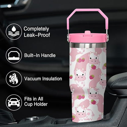 Queen Hero 30 oz Pink Cow Tumbler with Handle, Large Insulated Tumbler with Flip & Straw Coffee Mug Cup Stainless Steel Gifts for Women Men Youth - color: Pink Cow