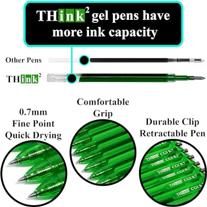 [24 Pens - Green Ink] Think2 0.7mm CGI Retractable Gel Pens. (24 Green) Medium Point Rollerball Pens with Smooth Quick Drying Ink. - color: Green