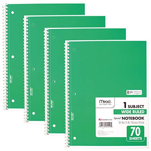 Mead Spiral Notebooks, 1 Subject, Wide Ruled Paper, 70 Sheets, 10-1/2 x 7-1/2 inches, Green, 4 Pack (38300) - color: Green, size: Pack of 4