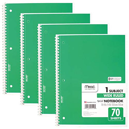Mead Spiral Notebooks, 1 Subject, Wide Ruled Paper, 70 Sheets, 10-1/2 x 7-1/2 inches, Green, 4 Pack (38300) - color: Green, size: Pack of 4