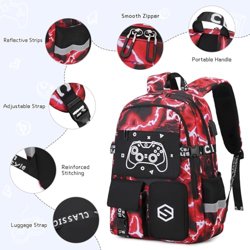 Scothen Boys Backpack, Cool Luminous School Backpacks for Boys with Lunch Bag Pencil Case, Kids Backpack Kindergarten Elementary Middle School Book Bags for Teen Boy Children with USB Charging Port - color: Red Lightning