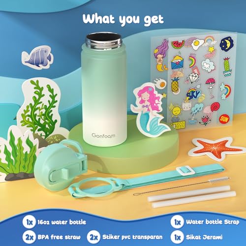 Gonfoam 16oz Kids Water Bottle, Stainless Steel Insulated Cup | DIY Stickers, BPA-free, Leak-proof, Sturdy, Keeps Cold 24h, Easy to Carry, Easy to Clean, Back to School, Gifts - color: Green/White