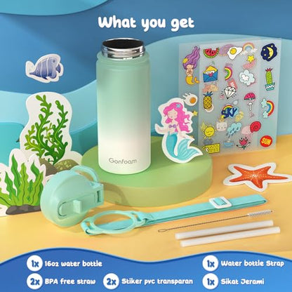 Gonfoam 16oz Kids Water Bottle, Stainless Steel Insulated Cup | DIY Stickers, BPA-free, Leak-proof, Sturdy, Keeps Cold 24h, Easy to Carry, Easy to Clean, Back to School, Gifts - color: Green/White