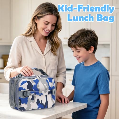 FlowFly Kids Lunch Bag, Durable Insulated School Lunch Box with Shoulder Strap and Bottle Holder, Water-resistant Thermal Small Lunch Cooler Tote for Teen Boys & Girls,Blue Camo - color: Blue Camo