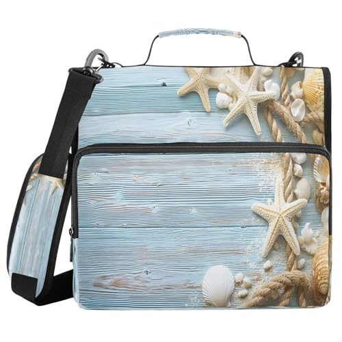3 Ring Zipper Binder Starfish Seashell Blue Wood Grain Binders Bag with Shoulder Strap 500 Sheets Paper Organizer Trapper Keeper Documents Storage File Folder for School Office - color: A492