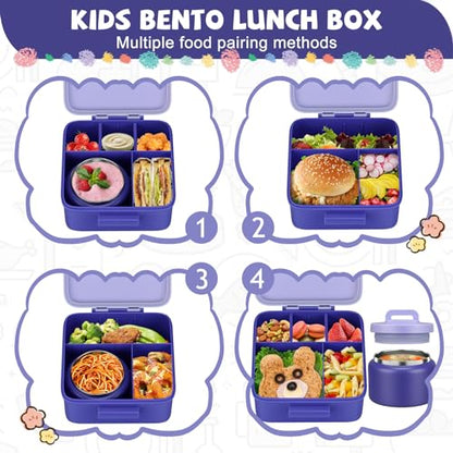 MAISON HUIS Bento Lunch Box with 8oz Soup Thermo, 5-Compartment Leak-Proof Container, Thermo Hot Food Jar and Insulated Lunch Bag, BPA Free,Travel, School (Purple) - color: Purple