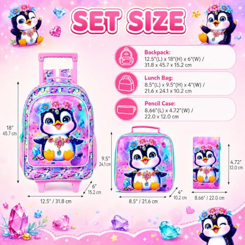 3Pcs Rolling Backpack for Girls, Kids Roller School Backpack with Wheels, Penguin Wheeled Bookbag for Elementary Preschool Kindergarten(Pink) - color: Penguin Pink