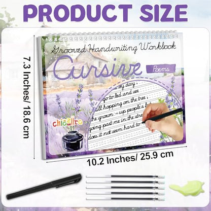 chiazllta 2 Pack Cursive Grooved Handwriting Workbooks Magic Grooved Cursive Reusable Writing Practice Copy Books with Disappearing Ink Pens for Beginners Learning Activities Supplies (Reading&Poems) - style: Reading&Poems