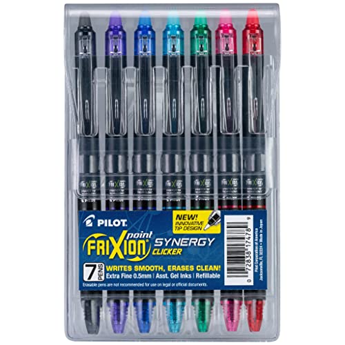 Pilot FriXion Synergy Clicker Erasable, Refillable, Retractable Gel Ink Pens, Extra Fine Point 0.5 mm, Pack of 7, Assorted Colors, FriXion Erasable Pens 0.5 - Ideal for School & Office Writing - color: Vibrant 7