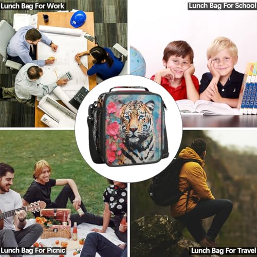 Graffiti Tiger Boys Lunch Box for School Insulated Kids Lunch Box Reusable Leakproof Lunch Bag Thermal Cooler Tote Picnic Lunchbox with Adjustable Shoulder Strap Back to School Gifts for Teens Boys - color: Tiger Flowers