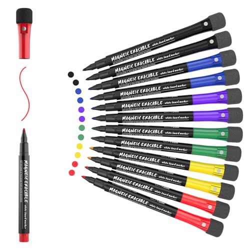 Magnetic Dry Erase Markers Fine: 12 Count 6 Colors Erasable Whiteboard Markers Fine Point with Eraser Cap, Low Odor White Board Dry Erase Pens Fine Tip for Teachers, Home, Office - color: 6 Colors(12 Pack)