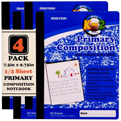 Mintra Primary Composition Notebook, 4 Pack, Blue Cover, 80 Sheets, 7.5in x 9.75in, 1/2 Sheet, Ruled with Drawing Area, Flexible Hardcover Journal, Grades K-2, School & Home Use - color: Primary Ruled, size: 4 Pack