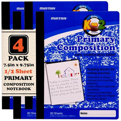 Mintra Primary Composition Notebook, 4 Pack, Blue Cover, 80 Sheets, 7.5in x 9.75in, 1/2 Sheet, Ruled with Drawing Area, Flexible Hardcover Journal, Grades K-2, School & Home Use - color: Primary Ruled, size: 4 Pack