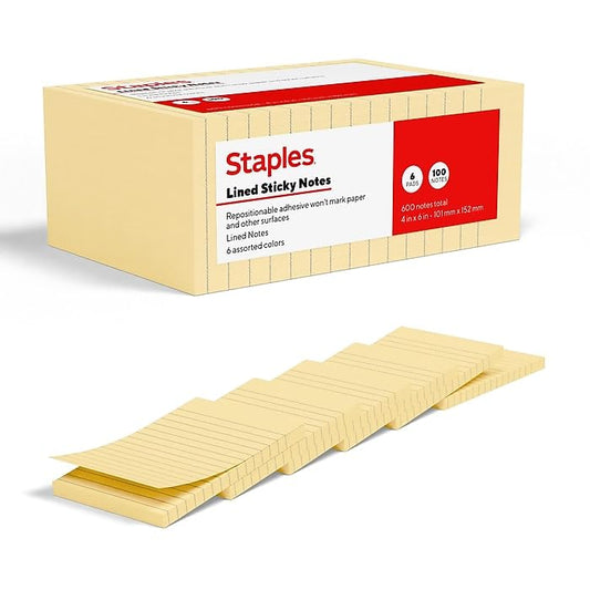 Staples Sticky Notes, 4" x 6", Lined, Sunshine Colors, 600 Sheets – Large Ruled Notes for Lists, Planning & Projects - size: 4'' x 6'', style: Sunshine