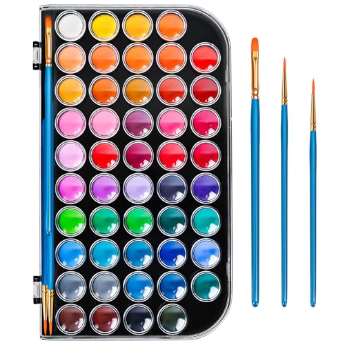 Solid Watercolor Paint Set with 3 Wooden Brushes for Adults Kids | 48 Color Washable Watercolor Kit, Safe and Non-Toxic, Detachable Palette, Portable, Gift for Beginners, Children, Students