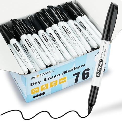 WOSWEL Dry Erase Markers Bulk, 76 Pack Black Fine Tip Whiteboard Markers, Fine Point, Low Odor Dry Erase Markers for School Office Home, Non-Toxic Easy Clean