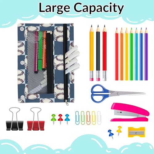 Sports Baseball Pencil Pouch for 3 Ring Binder Balls Pencil Case Bag with Clear Window Zipper Pockets for Kids Girls Boys Students School College Supplies 2 Pack