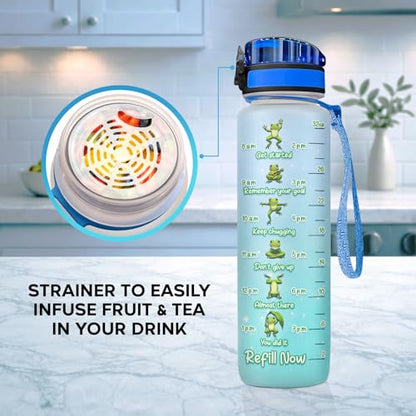 Funny Frog Water Bottle 32oz – Stop Slacking Drink Your Water Motivational Time Marker Bottle, Cute Frog Meme Gift for Animal Lovers, Daily Hydration Tracker - color: Frog