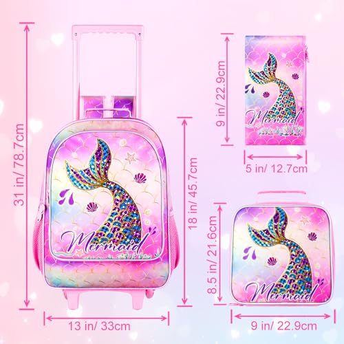 HPJGD 3PCS Mermaid Rolling Backpack for Girls, Kids School Backpacks with Wheels, Water Resistant UV Printed Roller Wheeled Bookbag Set with Lunch Box - color: 3PCS Mermaid Rolling Backpack