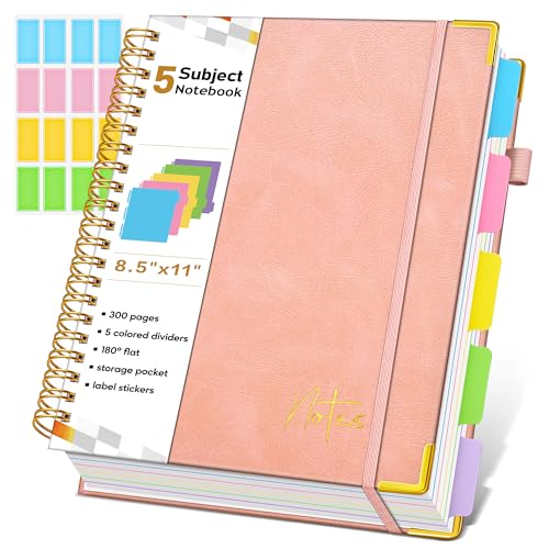 Spiral Notebook Journal with Removable Dividers Tabs, 300 Pages Hardcover Leather 5 Subject College Ruled Notebook, 8.5"x11" Large A4 Lined Journal for Women Men, Spiral Notebook for Work School, Pink - color: Pink, size: A4
