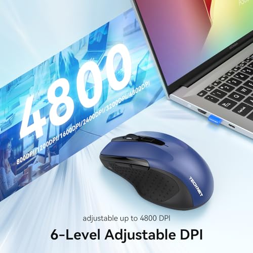 TECKNET Rechargeable Jiggler Wireless Mouse (BT5.0/3.0 & 2.4G) 4800 DPI Silent USB A & Bluetooth Mouse 6 Buttons, Wide Compatibility - Blue - color: Blue