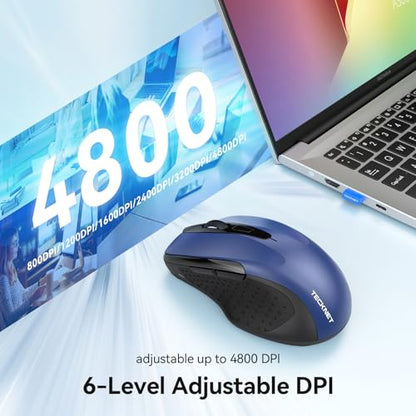 TECKNET Rechargeable Jiggler Wireless Mouse (BT5.0/3.0 & 2.4G) 4800 DPI Silent USB A & Bluetooth Mouse 6 Buttons, Wide Compatibility - Blue - color: Blue