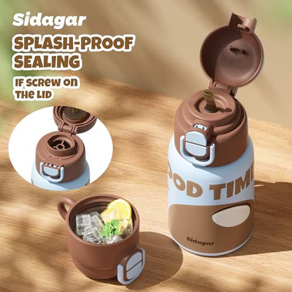 SDGA+ Kids Insulated Water Bottle with Shoulder Strap - 22 oz Kawaii Stainless Steel Tumbler with 3D Fuzzy Charm, Leak-Proof Flip Top & Vacuum Flask for School, Travel, BPA Free, Brown - color: Brown