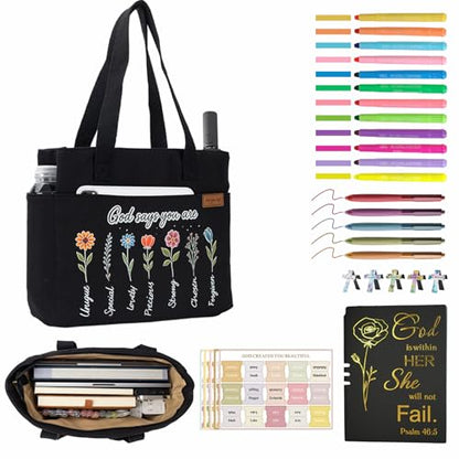 25 PCS Bible Study Supplies Kit, Large Capacity Canvas Tote Bag for Women Organizer, Bible Highlighters and Quick Dry Pens No Bleed Through, Notebook Bible Tabs Cross Bookmark Journaling Accessories - color: Black