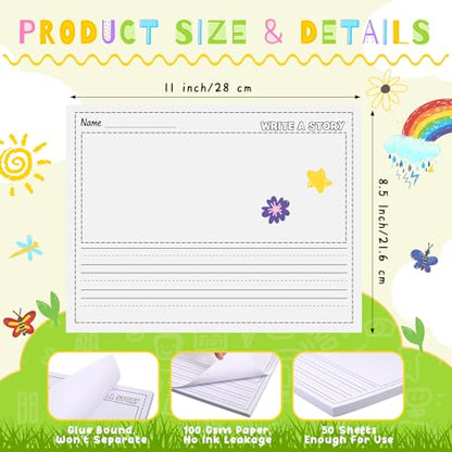 Eaasty 50 Sheets Story Writing Paper Bulk Handwriting Practice Paper for Kids Diary with Picture Story Space and Dotted Lines 11x8.5 Primary Composition Notebooks for Kindergarten Toddlers