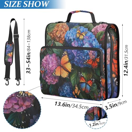 Hydrangea with Butterfly Zipper Binder 3 Ring 1.5 Inch School Binder Organizer with Shoulder Strap Handle File Folder Pockets Large Capacity Students Girl Boy Men Office Work - color: Hydrangea With Butterfly