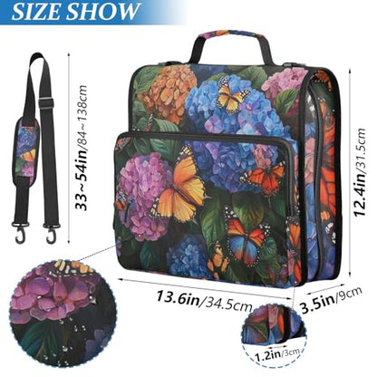 Hydrangea with Butterfly Zipper Binder 3 Ring 1.5 Inch School Binder Organizer with Shoulder Strap Handle File Folder Pockets Large Capacity Students Girl Boy Men Office Work - color: Hydrangea With Butterfly