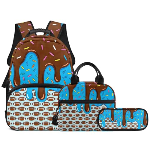 Ice Cream American Football Print 3 in 1 Backpack Set for Boys Girls 17 Inch Lager Capacity Bookbags School 3PCS Backpack with Lunch Box and Pencil Case - color: Ice Cream American Football Print