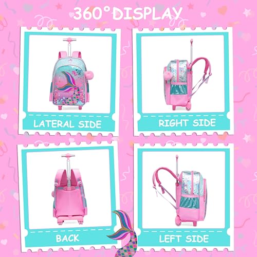 Mermaid Rolling Backpack for Girls with Lunch Box Kids Backpack with Wheels for School Cute Kids Rolling Backpacks for Girls Kindergarten - color: Pink Blue Mermaid