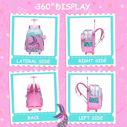 Mermaid Rolling Backpack for Girls with Lunch Box Kids Backpack with Wheels for School Cute Kids Rolling Backpacks for Girls Kindergarten - color: Pink Blue Mermaid