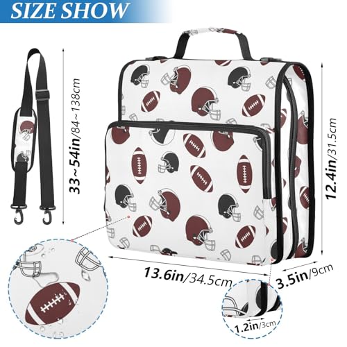 Zipper Binder Bag 3 Ring File Folder Portfolio Organizer Zippered Binder Bags with Strap Fits Laptop Women Men - color: Multi-footballs Brown White