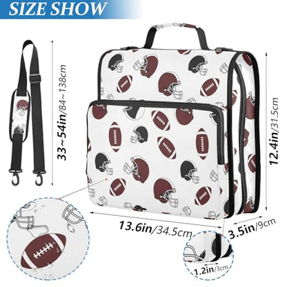 Zipper Binder Bag 3 Ring File Folder Portfolio Organizer Zippered Binder Bags with Strap Fits Laptop Women Men - color: Multi-footballs Brown White