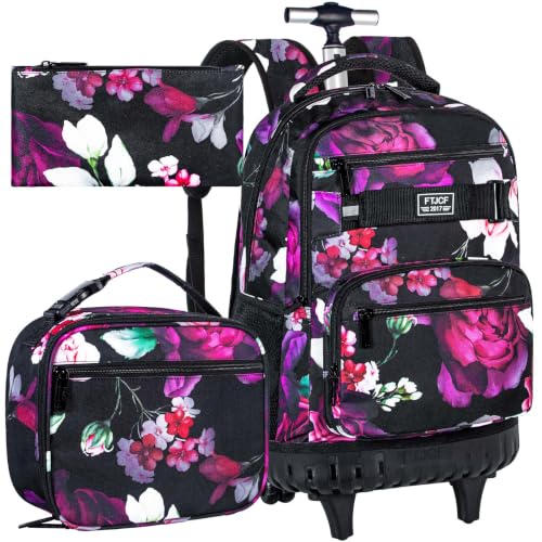 3Pcs Rolling Backpack for Girls, 19 Inche Rose Roller Bag with Wheels, Adults Wheeled Bookbag Set for Women(Black) - color: Rose Black02